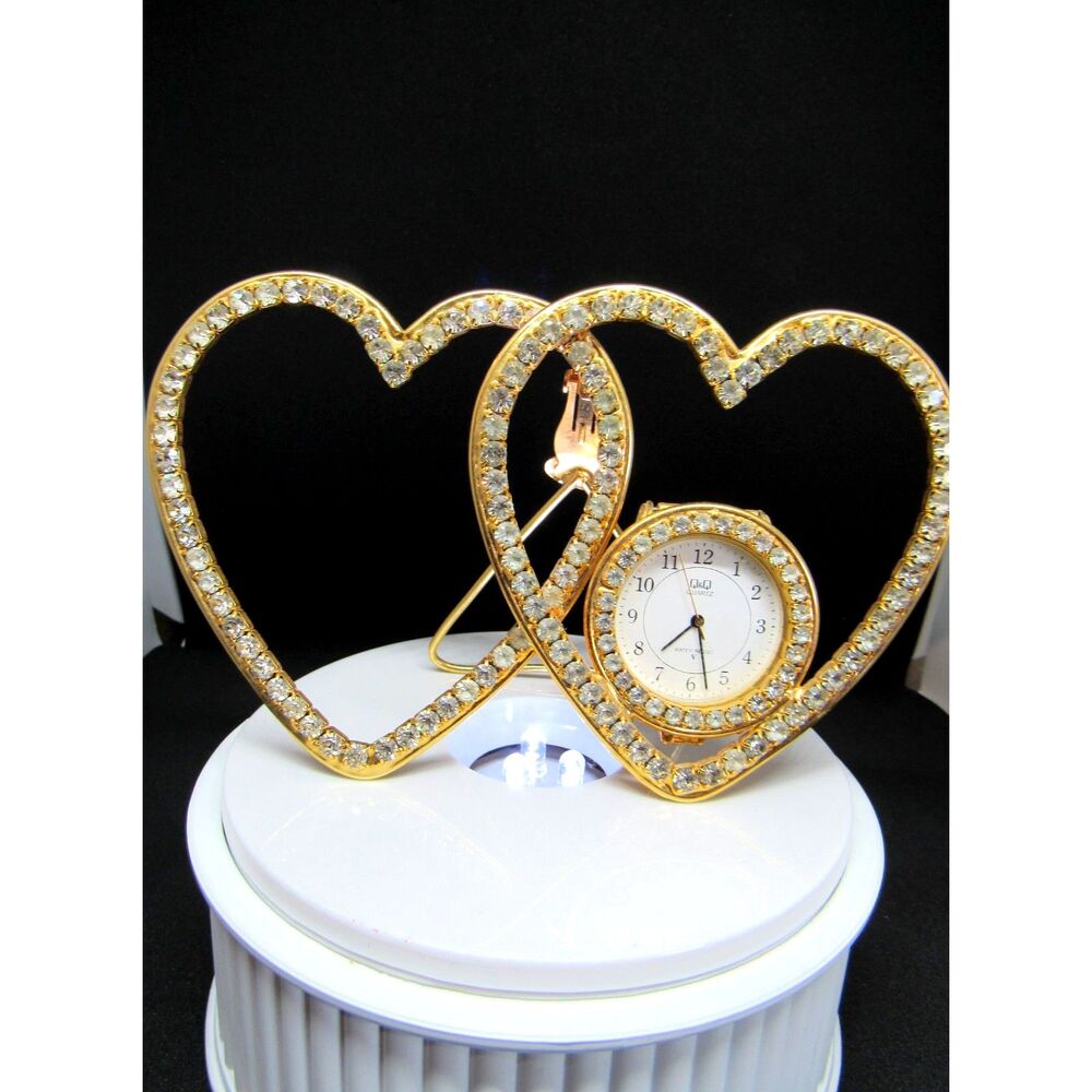 Vintage style jeweled interlocking hearts desk clock decor 5"L x 3"H